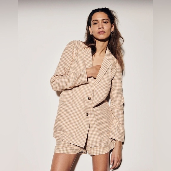 Madewell Linen Dorset Blazer in Gingham Check Tan White - Picture 1 of 9